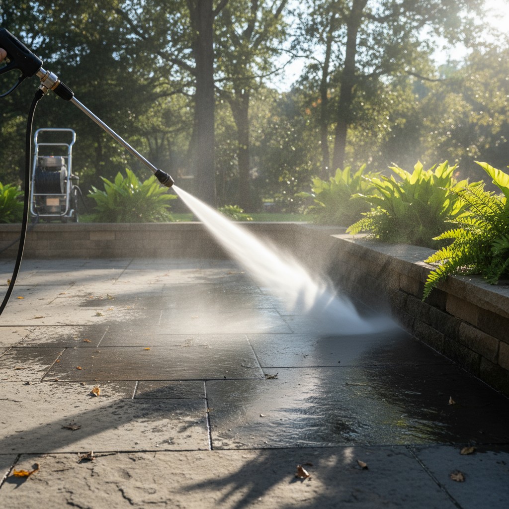 The image depicts a person utilizing a pressure washer to clean the ground outside. The person, positioned off-screen to t...