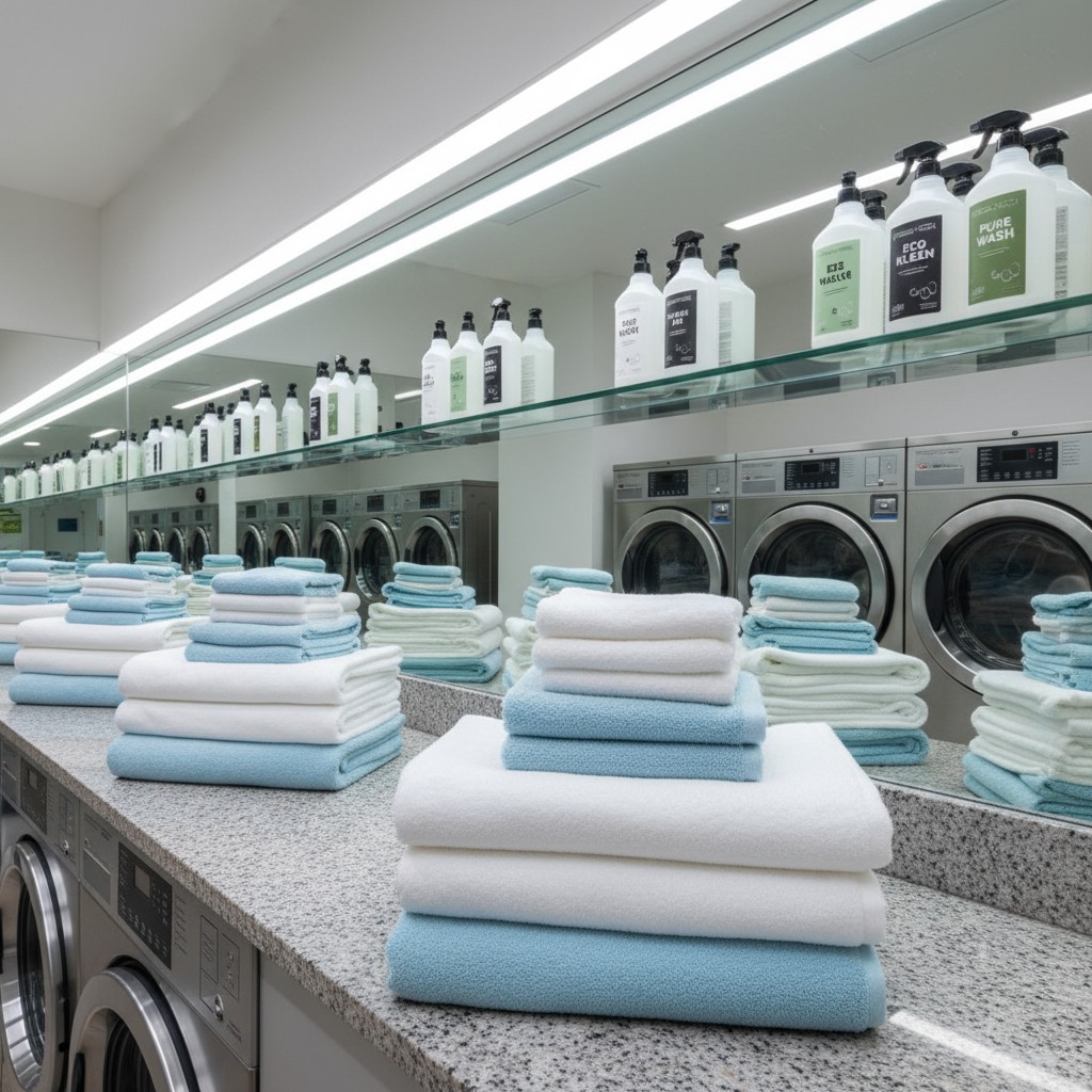Several folded blue and white towels sitting on washing machine countertops in a commercial laundry room. Each set of fold...