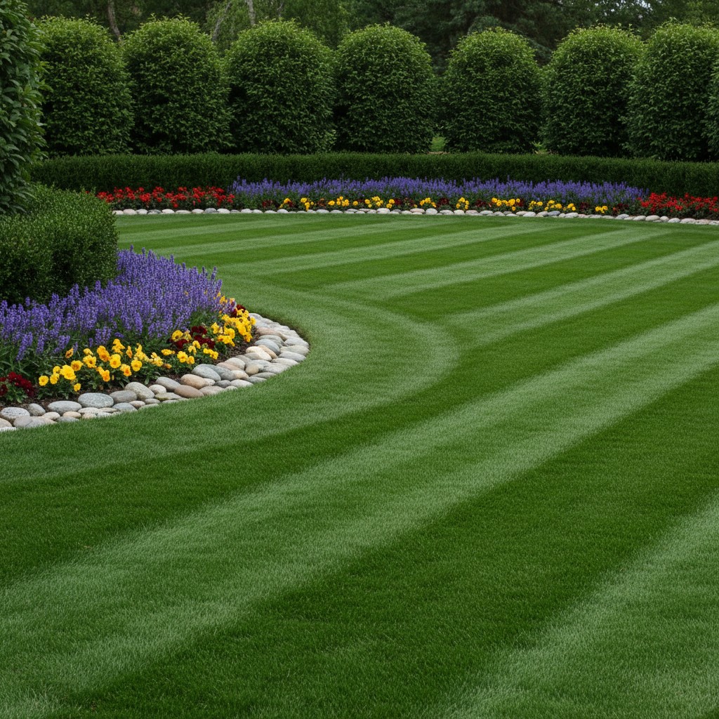 Photograph of a manicured lawn featuring diagonal indentation patterns, embellished with vibrant vibrant flowers, neat box...